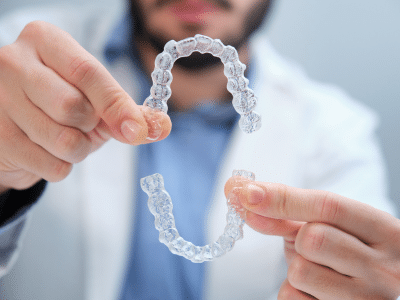 Hand holding clear plastic aligner tray | Nudera Orthodontics