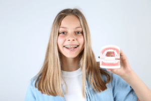 Child with braces during an early orthodontic evaluation in Rockford, IL