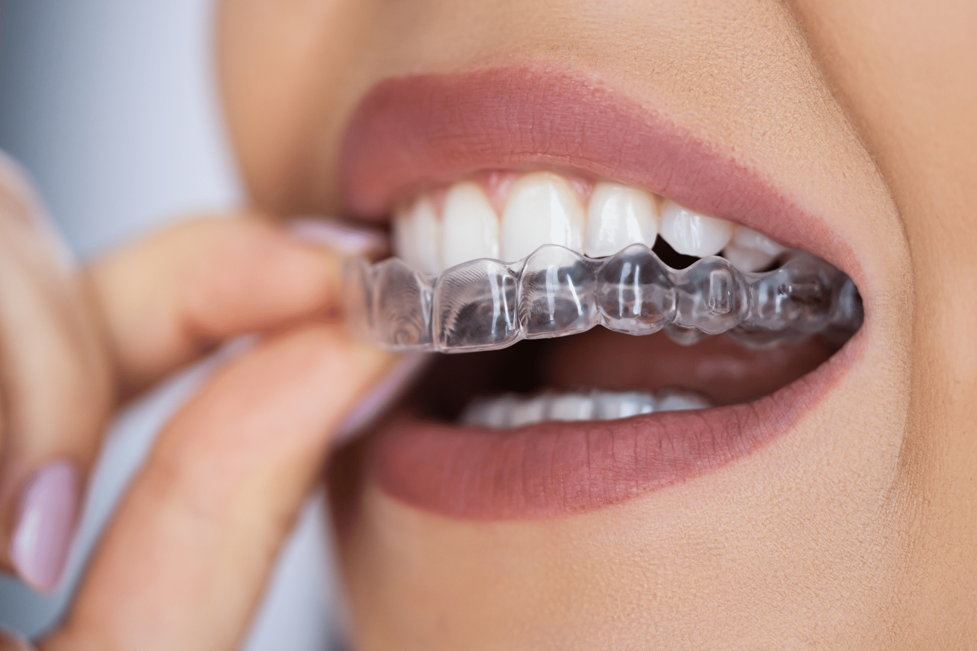 Close-up of a woman placing a clear dental aligner over her upper teeth.